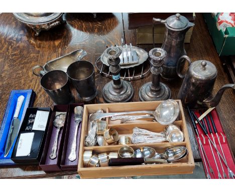 A selection of silver plated cutlery, a set of cheese mice boxed, silver plated telescopic candlesticks and other silver plat