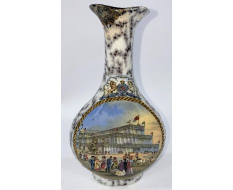 A 19th century Prattware moon flask vase depicting the Great Exhibition, height 17cm (rim a.f.); a similar spill vase 'Passin