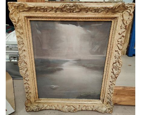 A very large pine French mirror, 66 x 96cm and a pasted picture of a river in antiqued frame. 
