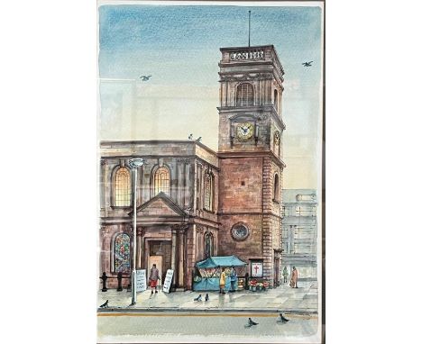 Albin Trowski:- Northern scene watercolour of St. Anne's Church clock tower, Manchester, framed and glazed, signed and dated 