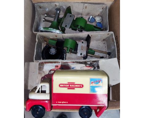 Two vintage Astro Pom pom Guns and a powerful Gyro clockwork tinplate British Railways van. 