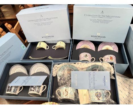 Four boxed Wedgewood sets of cups + saucers, Millennium collection (18th,19th,20th,21st century) 