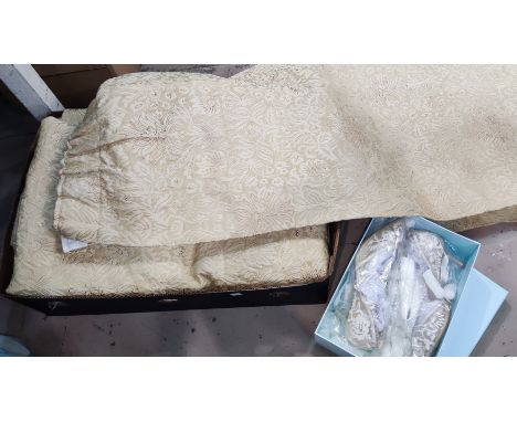A pair of gold brocade curtains; a pair of gold printed curtains; a pair of size 7 wedding shoes and a selection of ladies ha