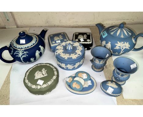 A selection of Wedgwood light blue and other Jasperware:&nbsp; 2 teapots; miniature items, 15 pieces approx 