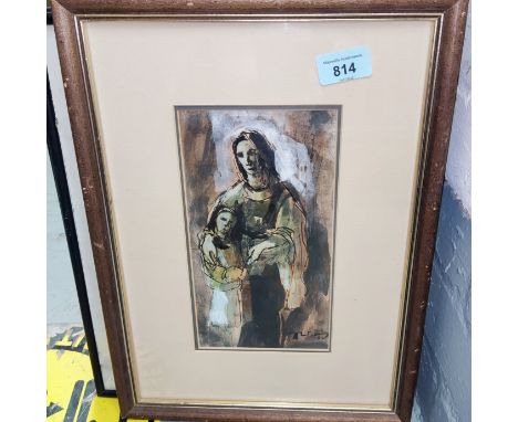 Tadeusz Was,&nbsp; water colour of a woman and child, signed indistinctly, marked en verso 'Warsaw Sketch' T Was, framed and 