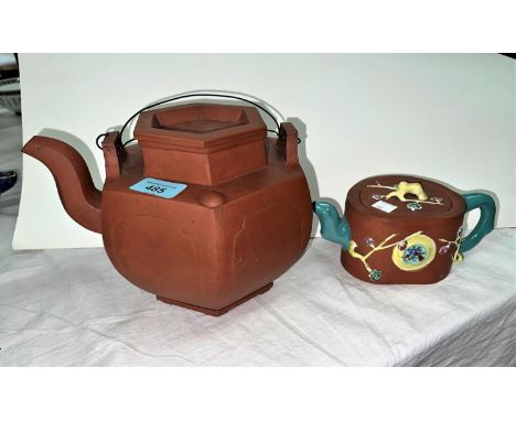 A large Chinese Yi-Xing teapot hexagonal shape, L. 22cm, another small coloured teapot 