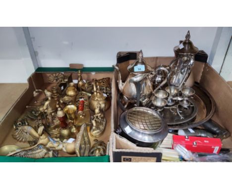 A silver plated four piece tea set and gallery tray; other silver plated cutlery and decorative brassware&nbsp; 