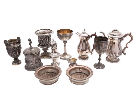 A group of 19th century silver plate including an Old Sheffield plate campagna urn stamped H&A 68, a lidded tobacco jar, a vo