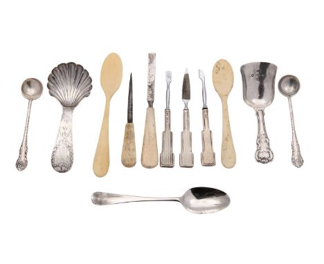 A small collection of silver and bone mounted flatware and utensils, including: an English provincial old English bright-cut 