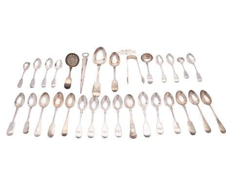 A collection of Exeter silver flatware, various 19th century makers, mainly initialled, all but one spoons, including: a meat