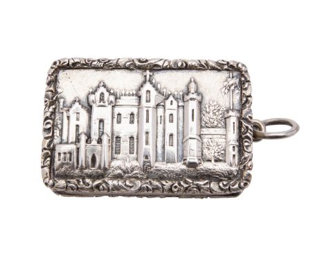 An early Victorian silver 'castle' top vinaigrette by Edward Smith, Birmingham 1842, rounded rectangular, the cover with a vi