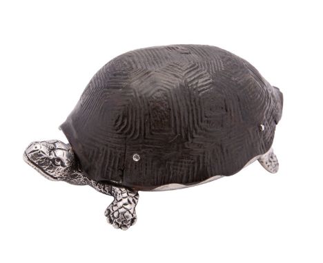 A Victorian silver and tortoiseshell novelty table vesta box by Thomas Johnson II, London 1881, modelled as a tortoise with a