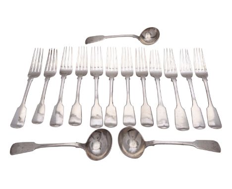 Nine William IV silver Fiddle pattern table forks and three sauce ladles by William Eaton, London 1832; another table fork by