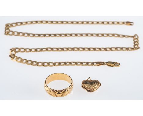 A Group of gold jewellery, a wedding band with flower head and leaf design in relief ring size S, a flat link gold chain, and