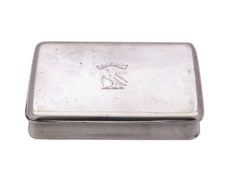 A George IV silver rectangular snuff box by John Shaw, Birmingham 1826, plain, the cover engraved with a Scottish crest and m