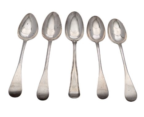 A pair of George IV silver Old English pattern table spoons by David Phillips, London 1836; another pair similar by John, Hen