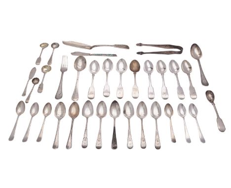 A collection of small silver flatware to include: eight 19th century silver Fiddle pattern teaspoons various dates and makers
