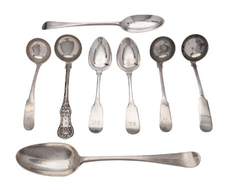 Four various Scottish silver toddy ladles, two table and two dessert spoons, comprising: a single-struck King's pattern ladle