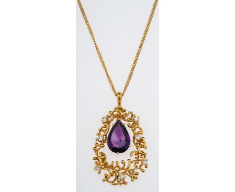 A gold pendant set with a pear form amethyst drop and small diamonds in naturalistic setting, 3.7 cm on 18ct gold chain   Con