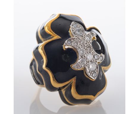 A Chrome Hearts style black enamel and round, brilliant-cut diamond ring, with a fleur de lys motif, total estimated diamond 