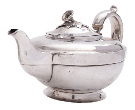 An early Victorian silver tea pot by Edward Barton, London 1839, compressed circular with a flower and leaf finial to the dom