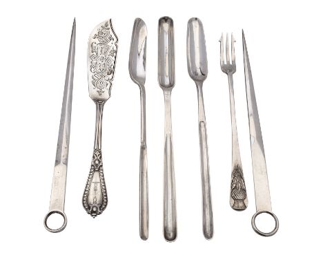 Two Scottish silver marrow scoops: one scoop by George McHattie, Edinburgh 1813, 23cm (9in) long; another maker's mark worn, 