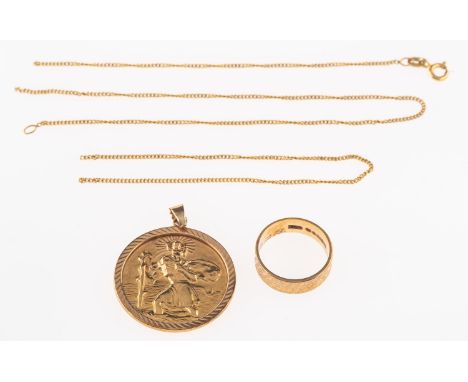 A group of gold jewellery St Christopher pendant, stamped 375 with Birmingham hallmarks, 2.7cm diameter; a 9ct gold ring, rin