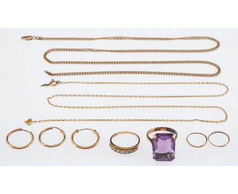 A seven stone diamond ring, vintage amethyst set ring, marks for 14ct gold, size M, hoop earrings and a gold chain, 9ct