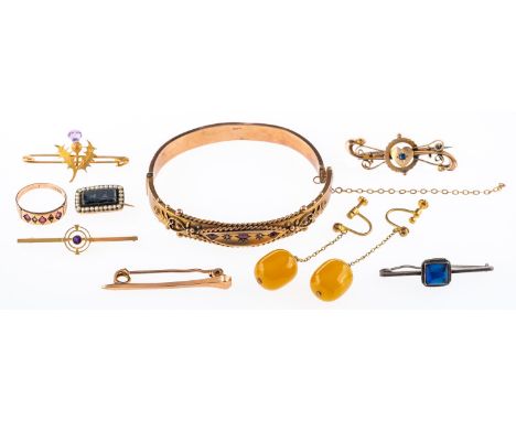 A group of antique jewellery,rose gold bracelet with paste stones, similar ring, with ruby and pearl, memorial brooch with se