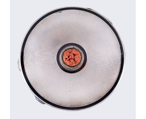 An Art Deco silver enamel and coral compact, with engine turned decoration and marcasite, Cohen & Charles, hallmarked London 