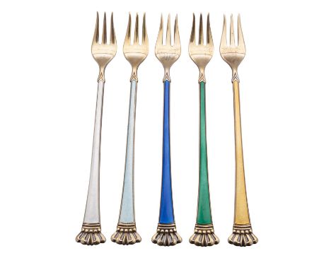 A set of five Danish silver gilt and coloured enamel oyster forks by Egon Lauridsen (1936-66), Copenhagen, 925 standard, with