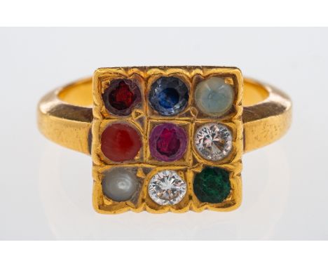 Nine Planet Indian  Naba Graha ring set with nine gemstones representing the influence of the planets, in high carat gold mou