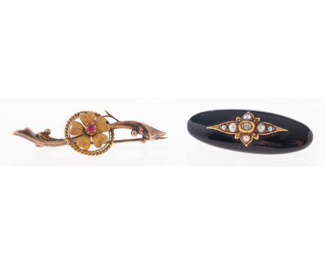 A jet, split pearl and diamond brooch, the oblong jet panel set with an old cut diamond and split pearls, 3.3cm wide; and a 1