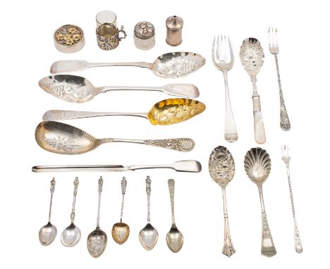 A collection of small silver and flatware, including: a circular parcel gilt box by Peter Nicholas & Co. Ltd, London 1989, th