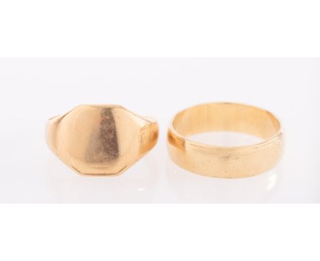 A gold D form wedding band, size P and a signet ring, both 18ct, gross weight 10.7 grams. 