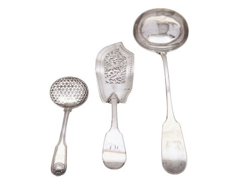 Three silver serving pieces, comprising: an early Victorian Fiddle pattern soup ladle by John James Whiting, London 1840, eng