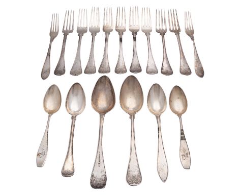A mixed group of Scandinavian silver flatware, including a tablespoon by Lars J. Dahlberg, Kristianstad, another tablespoon, 