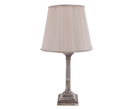 An electroplated Corinthian column table lamp, unmarked, 20th century, 38cm (15in) to top of fitting; with a shade