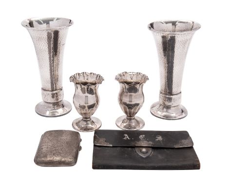 A pair of Arts and Crafts style silver vases by A. E. Jones (Albert Edward Jones), Birmingham 1924, trumpet shaped and hammer