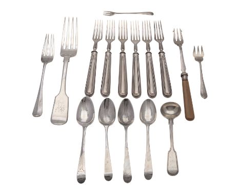 A small collection of silver flatware, various dates and makers, including: a pair of old English pattern teaspoons by Hester