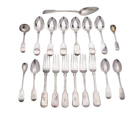 A collection of Exeter silver Fiddle pattern flatware, including: six dessert spoons by John Stone, 1843 (2) and 1859 (4) ; t