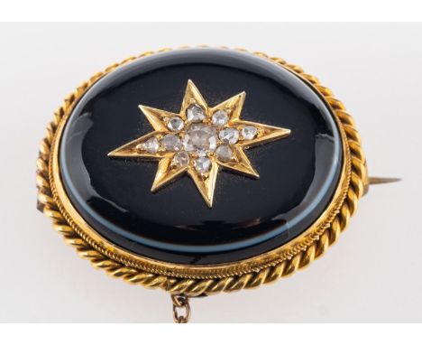 A sardonyx, old and rose-cut diamond brooch, the diamonds set in a star motif, total estimated diamond weight ca. 0.20ct, tot
