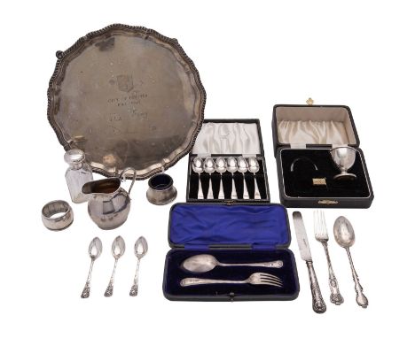 A collection of silver, mainly 20th century, including: a shaped circular salver by Edward Barnard & Sons, London 1963, prese