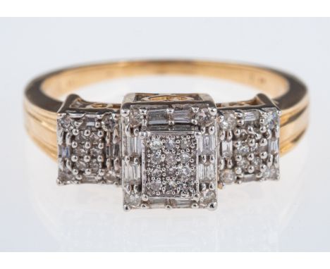 An Art Deco style diamond set ring pave set with small diamonds in a three square setting,size O-P 