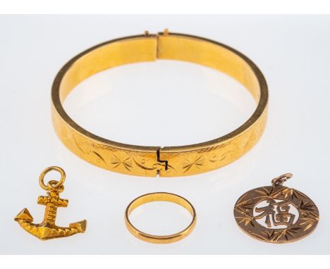 A small group of yellow metal items with Oriental marks, anchor and disk pendant, bracelet and a ring, various marks, unteste