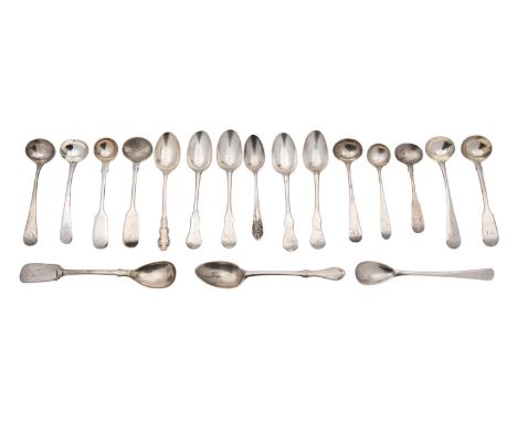 A collection of silver tea and other small spoons, including: four Scottish Fiddle pattern by James Taylor, Glasgow circa 178