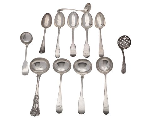 Five various English silver sauce ladles, a sifting and five tablespoons, comprising: a King's anthemion heel ladle by Willia