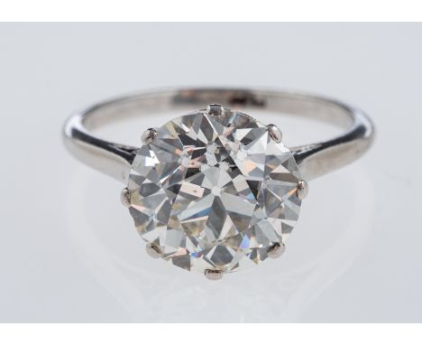 A solitaire diamond ring, the transitional cut stone of around 3.12 carat in a platinum crown with heart forms, ring size J  