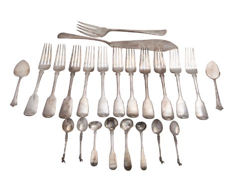 A matched set of eleven Fiddle pattern table forks, various dates and makers, seven with an engraved crest and four with a sc