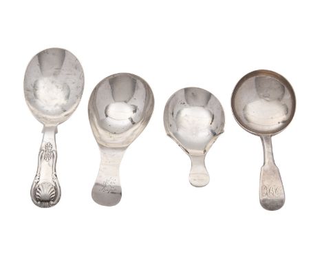 Four Scottish silver caddy spoons, comprising: one single struck Hourglass pattern with ovoid bowl by James & Walter Marshall